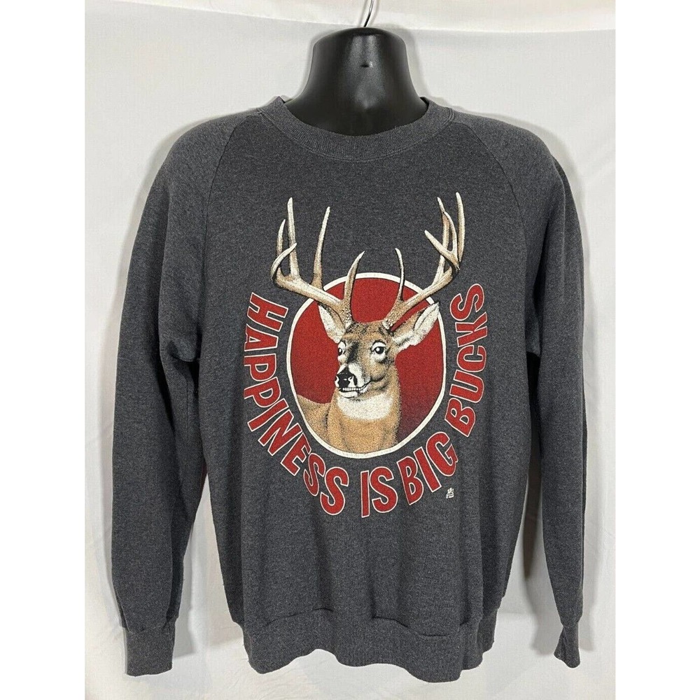 Vtg 90s Pullover Dad Joke Pun HAPPINESS IS BIG BUCKS Deer Hunting Sweatshirt XL